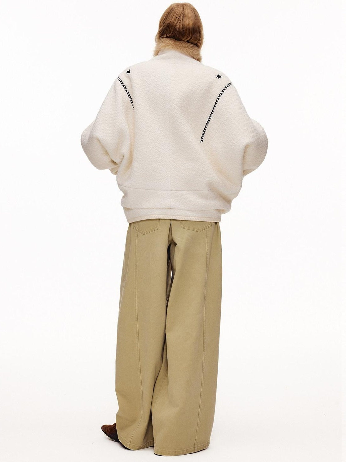 OuttheBlue Thick Wool Blend Embroidered Commuter Loose Fit Women White Puffer Jackets