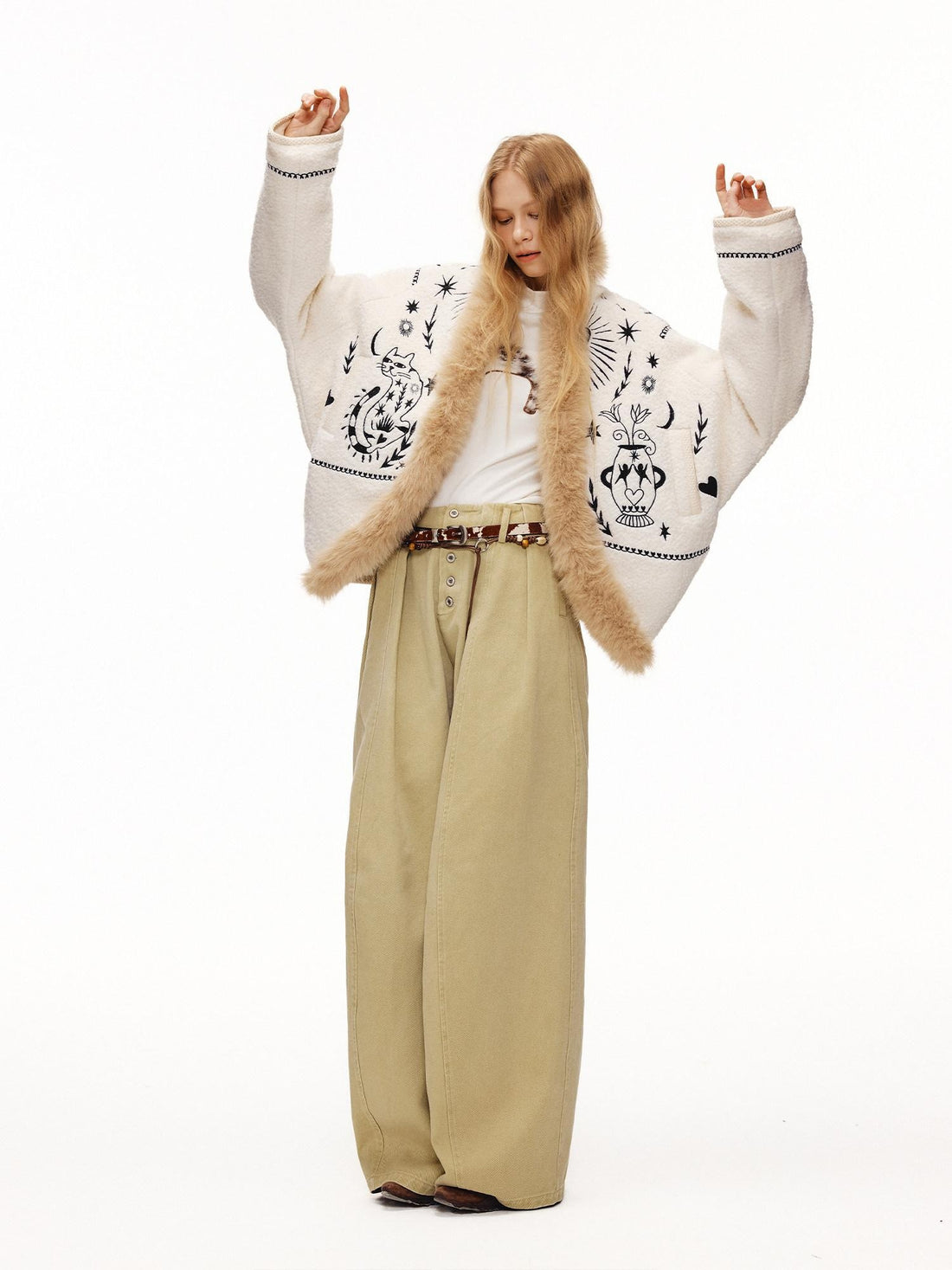 OuttheBlue Thick Wool Blend Embroidered Commuter Loose Fit Women White Puffer Jackets