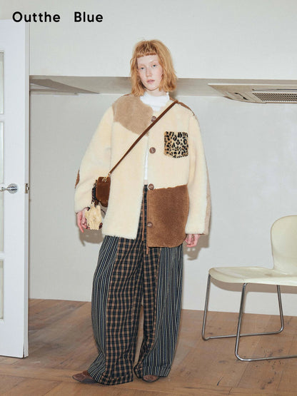 Three Tone Patchwork Shearling Coat V-neck T-shirt Long Sleeve