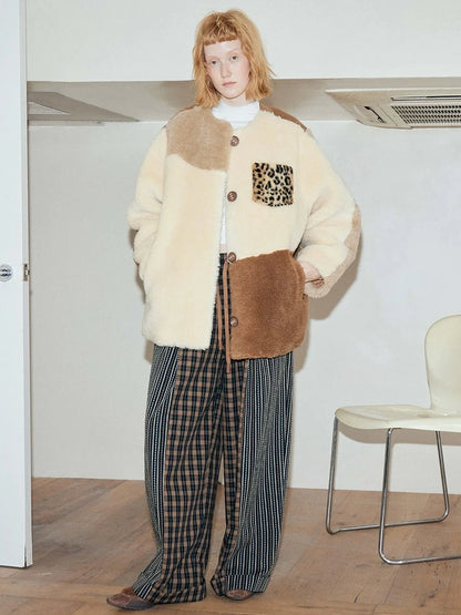 Three Tone Patchwork Shearling Coat V-neck T-shirt Long Sleeve