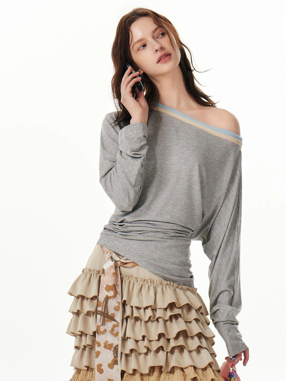 OuttheBlue Triple Tone Crinkle Sky Blue Off Shoulder Tee