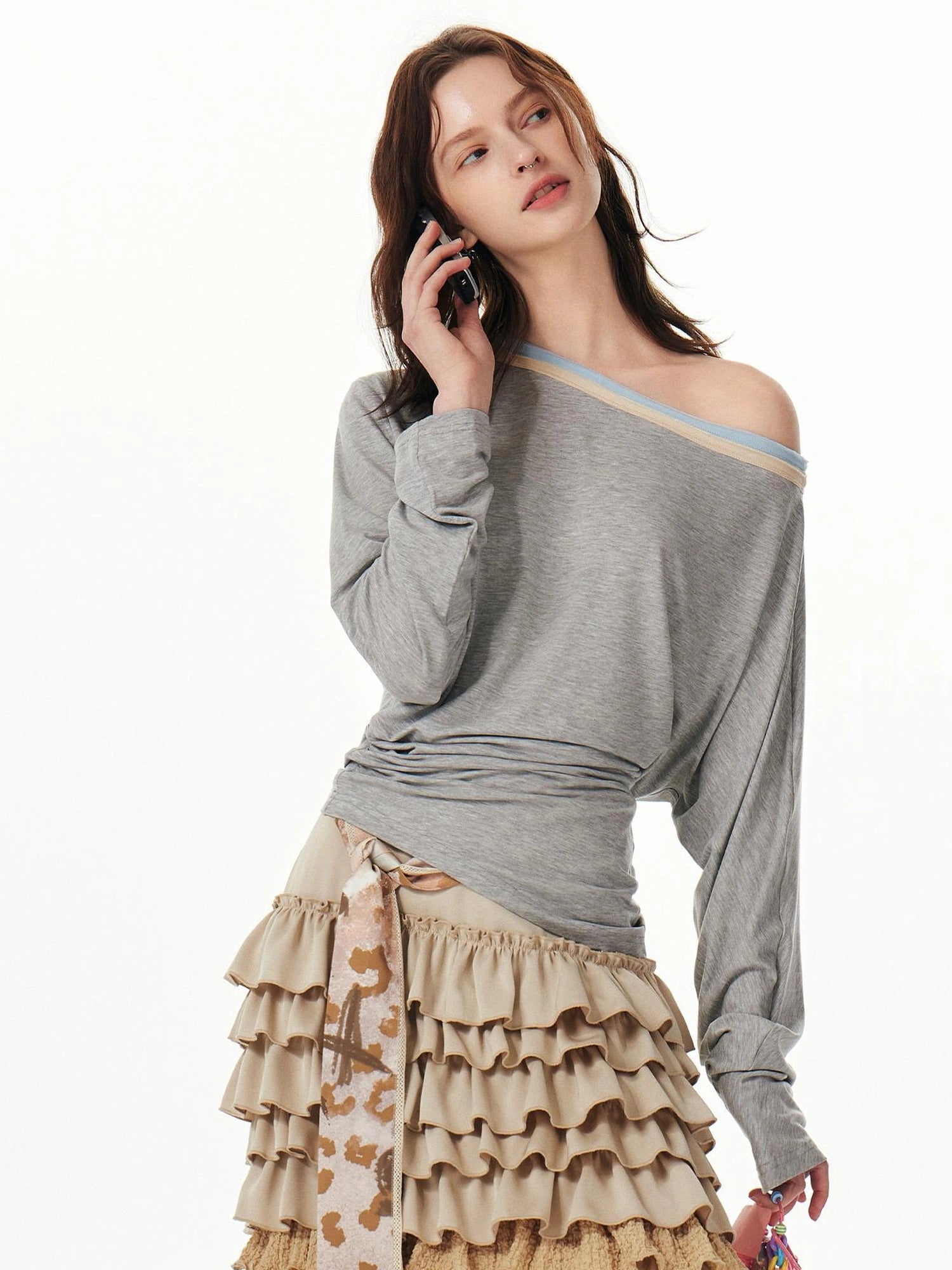 OuttheBlue Triple Tone Crinkle Sky Blue Off Shoulder Tee
