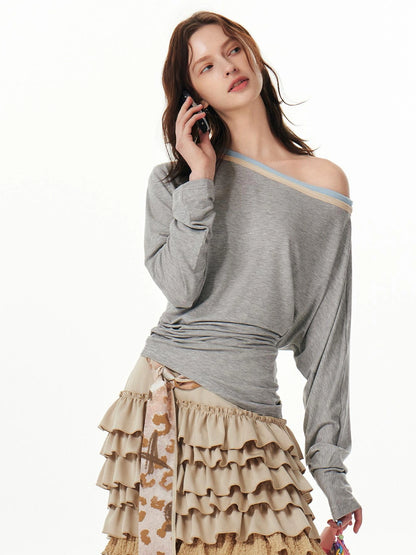 OuttheBlue Triple Tone Crinkle Sky Blue Off Shoulder Tee