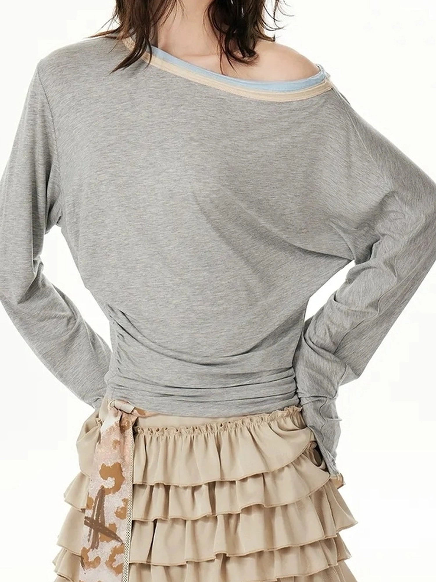 OuttheBlue Triple Tone Crinkle Sky Blue Off Shoulder Tee