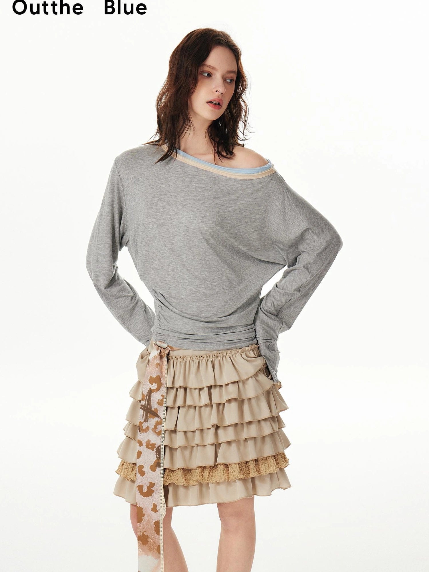 OuttheBlue Triple Tone Crinkle Sky Blue Off Shoulder Tee