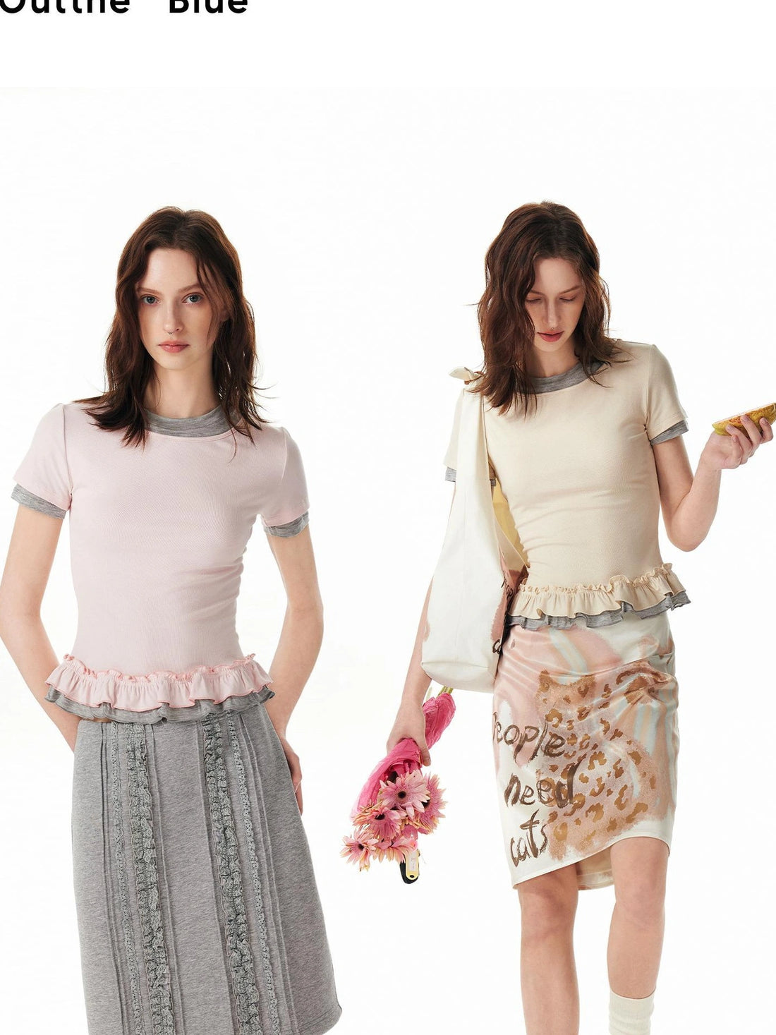 OuttheBlue Two Tone Layered Ruffle Slim Fit Tee