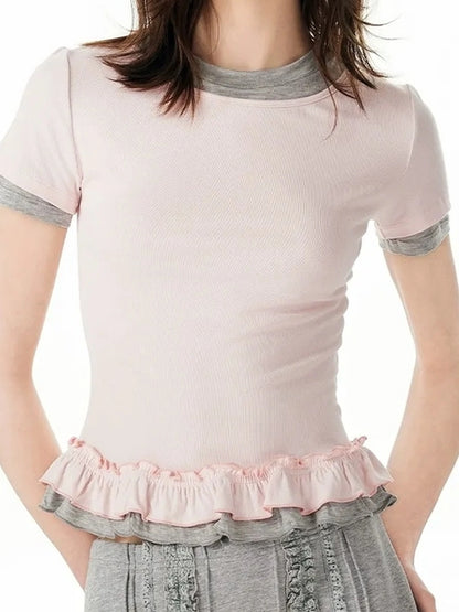 OuttheBlue Two Tone Layered Ruffle Slim Fit Tee