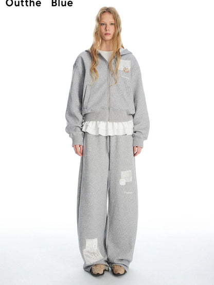 OuttheBlue Velvet Lace Appliqué Fleece Jogger Pants