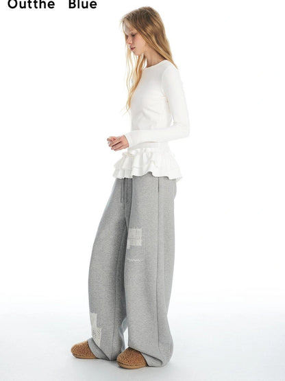 OuttheBlue Velvet Lace Appliqué Fleece Jogger Pants