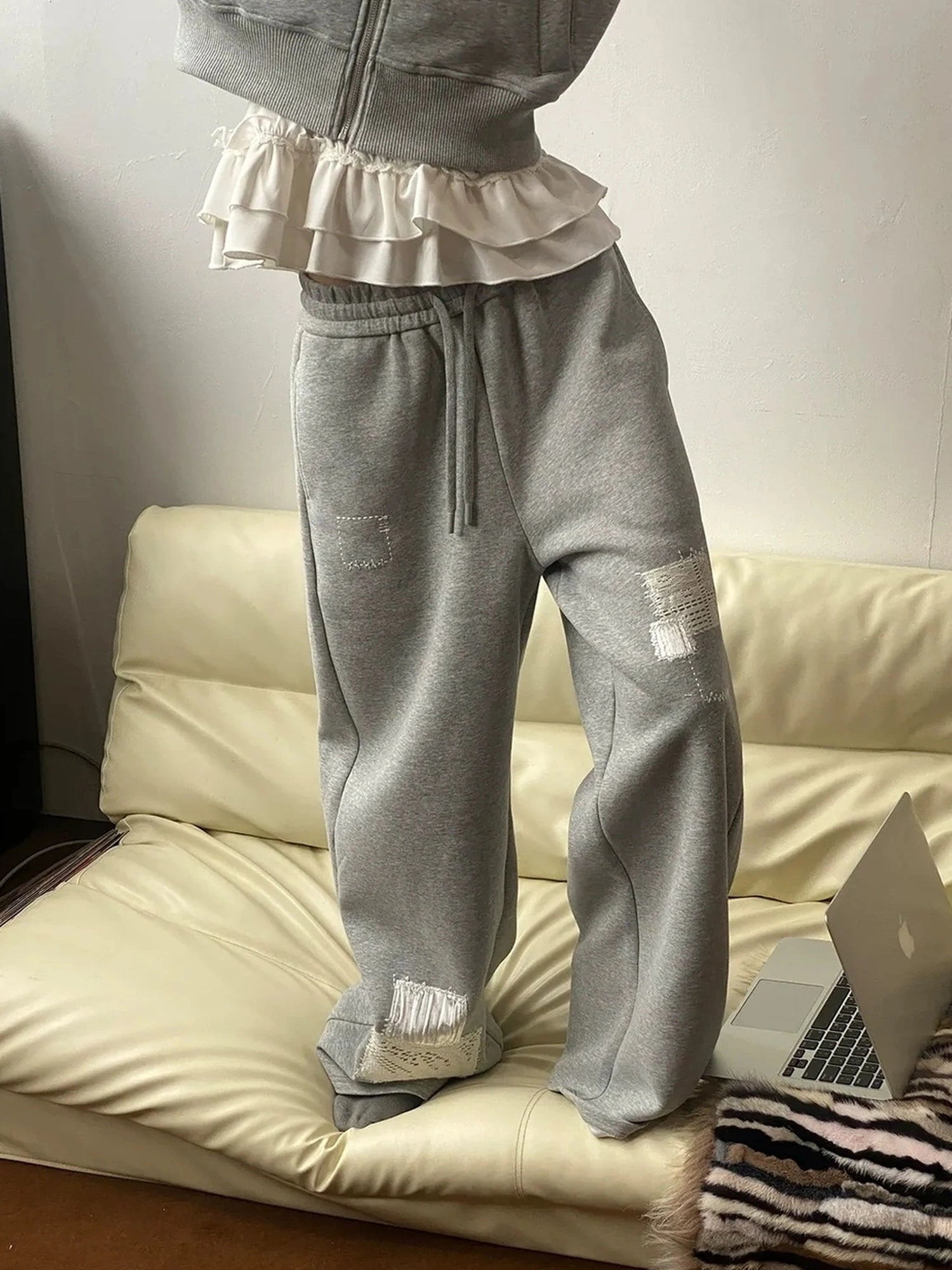 OuttheBlue Velvet Lace Appliqué Fleece Jogger Pants
