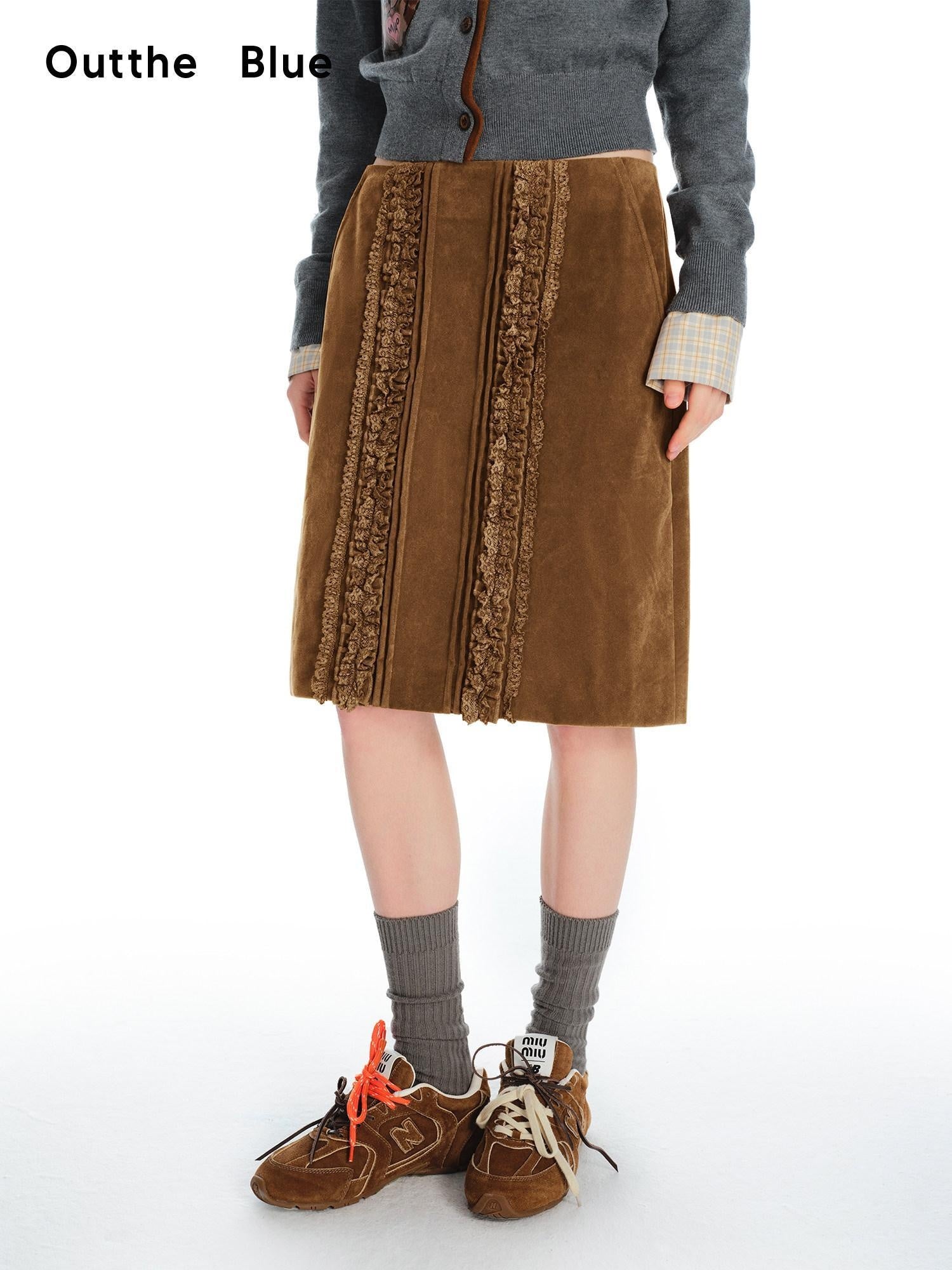 OuttheBlue Vintage Brown Pu Leather Mid Waist Crochet Cutout H Shape Women Midi Skirts