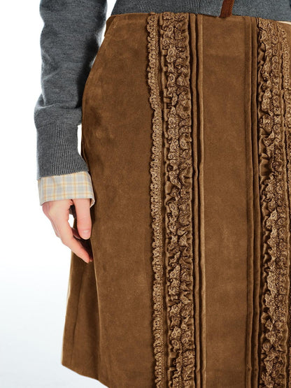 OuttheBlue Vintage Brown Pu Leather Mid Waist Crochet Cutout H Shape Women Midi Skirts
