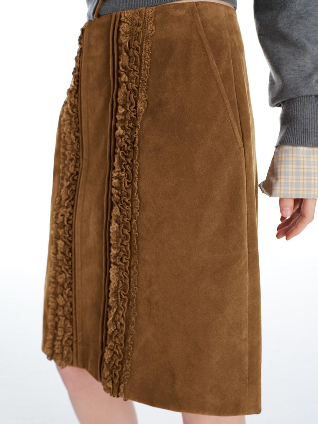 OuttheBlue Vintage Brown Pu Leather Mid Waist Crochet Cutout H Shape Women Midi Skirts