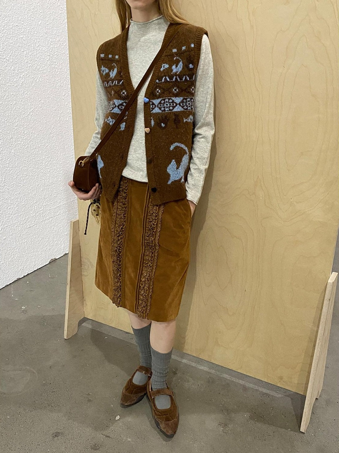 OuttheBlue Vintage Brown Pu Leather Mid Waist Crochet Cutout H Shape Women Midi Skirts