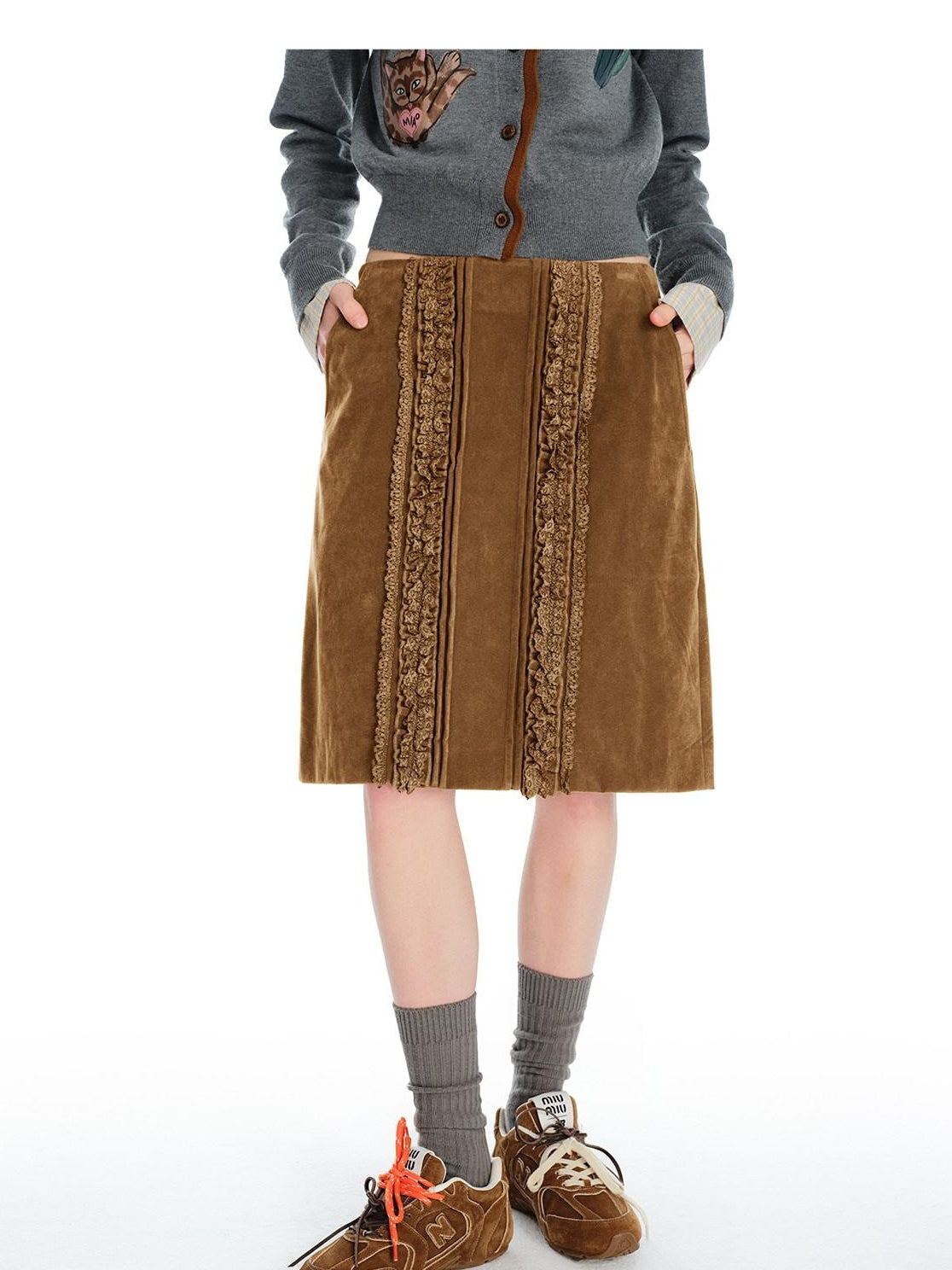 OuttheBlue Vintage Brown Pu Leather Mid Waist Crochet Cutout H Shape Women Midi Skirts