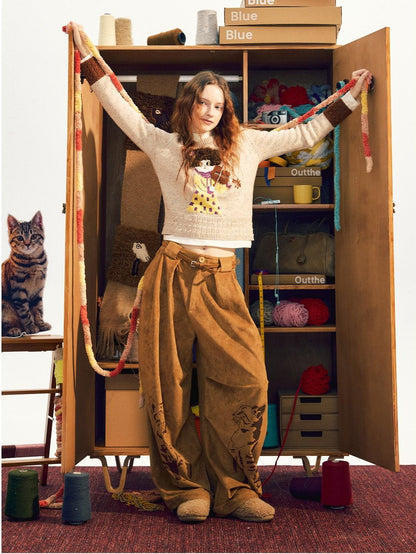 OuttheBlue Vintage Cat Embroidered Wool Blend Women&