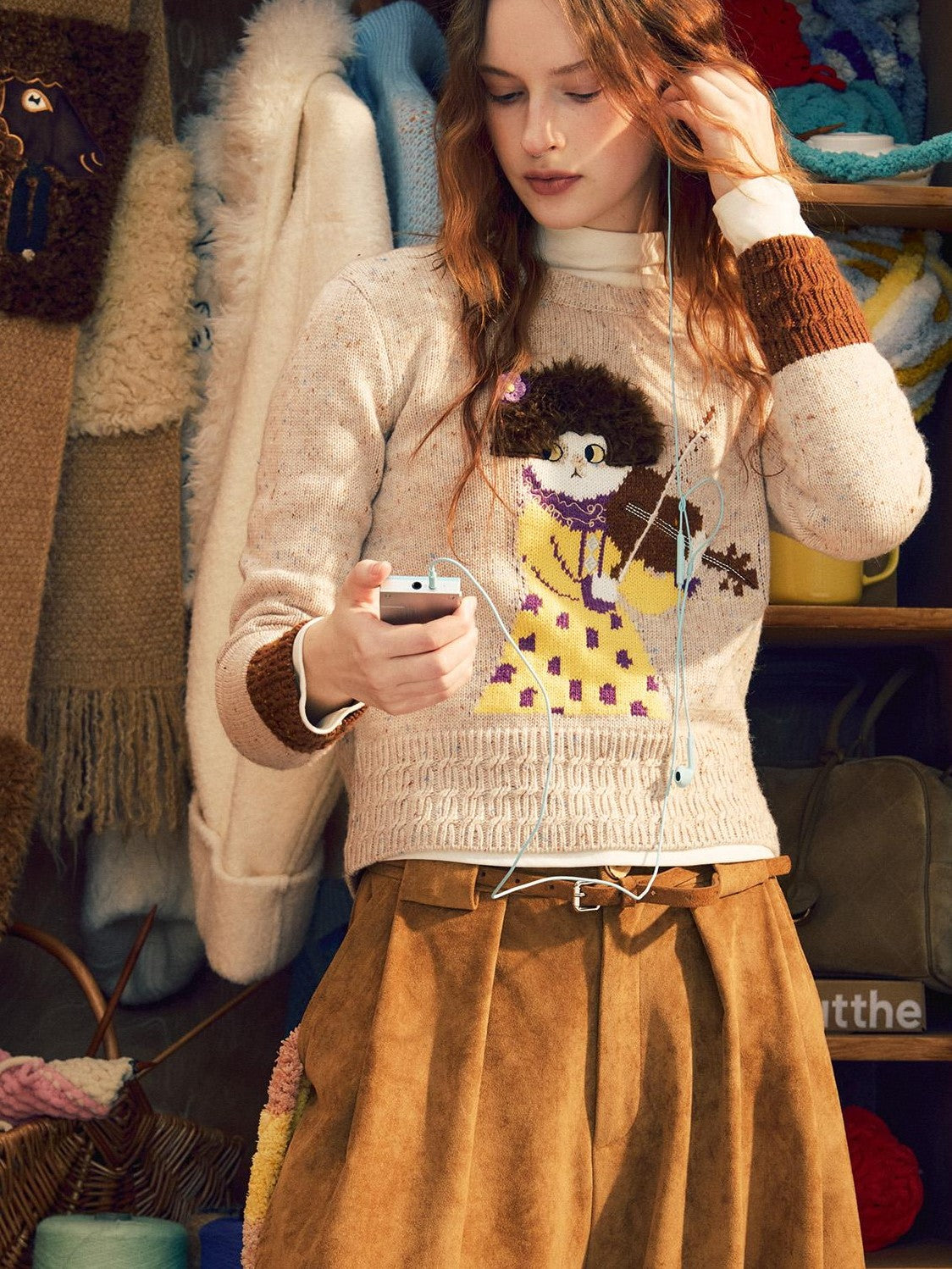 OuttheBlue Vintage Cat Embroidered Wool Blend Women&