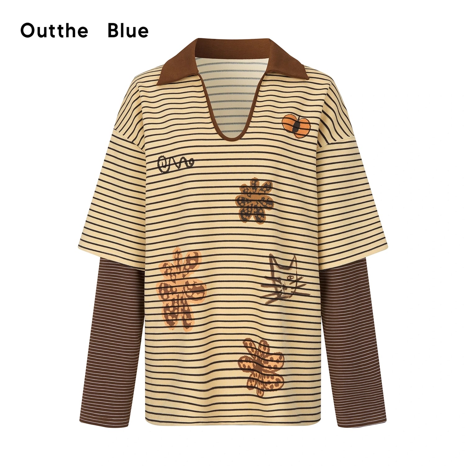 OuttheBlue_Vintage_Cat_Garden_Floral_Embroidered_V-neck_Striped_Polo_Tee_MISSTT