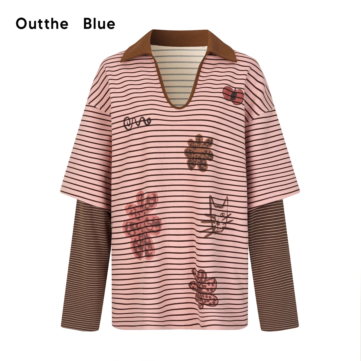 OuttheBlue_Vintage_Cat_Garden_Floral_Embroidered_V-neck_Striped_Polo_Tee_MISSTT