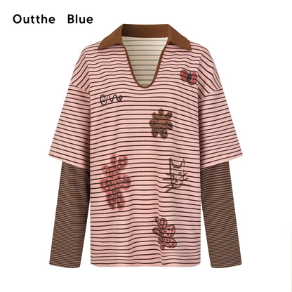 OuttheBlue_Vintage_Cat_Garden_Floral_Embroidered_V-neck_Striped_Polo_Tee_MISSTT