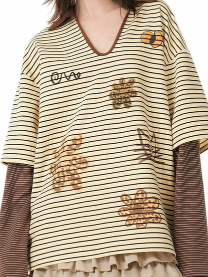 OuttheBlue Vintage Cat Garden Floral Embroidered V-neck Striped Polo Tee