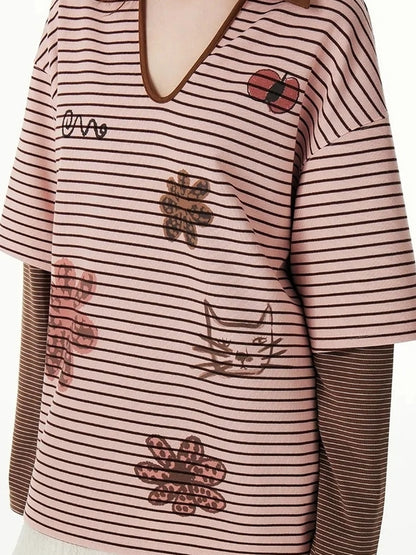 OuttheBlue Vintage Cat Garden Floral Embroidered V-neck Striped Polo Tee