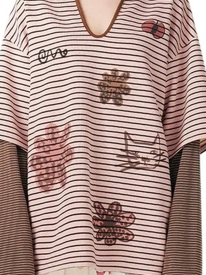 OuttheBlue Vintage Cat Garden Floral Embroidered V-neck Striped Polo Tee