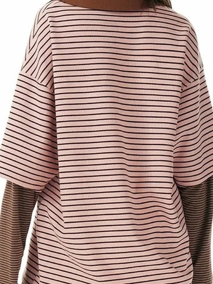 OuttheBlue Vintage Cat Garden Floral Embroidered V-neck Striped Polo Tee