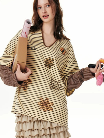 OuttheBlue Vintage Cat Garden Floral Embroidered V-neck Striped Polo Tee