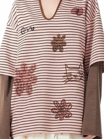 OuttheBlue Vintage Cat Garden Floral Embroidered V-neck Striped Polo Tee