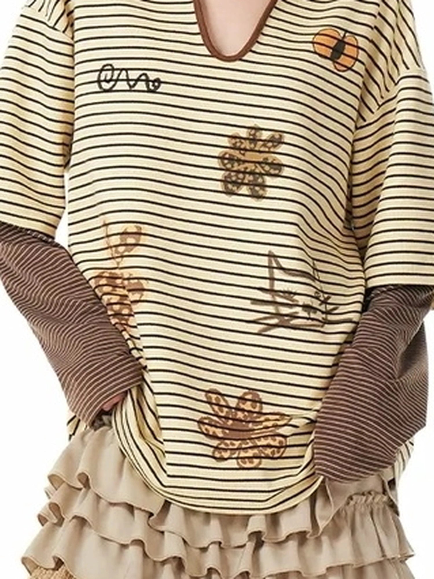 OuttheBlue Vintage Cat Garden Floral Embroidered V-neck Striped Polo Tee