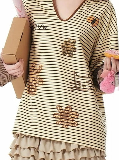 OuttheBlue Vintage Cat Garden Floral Embroidered V-neck Striped Polo Tee