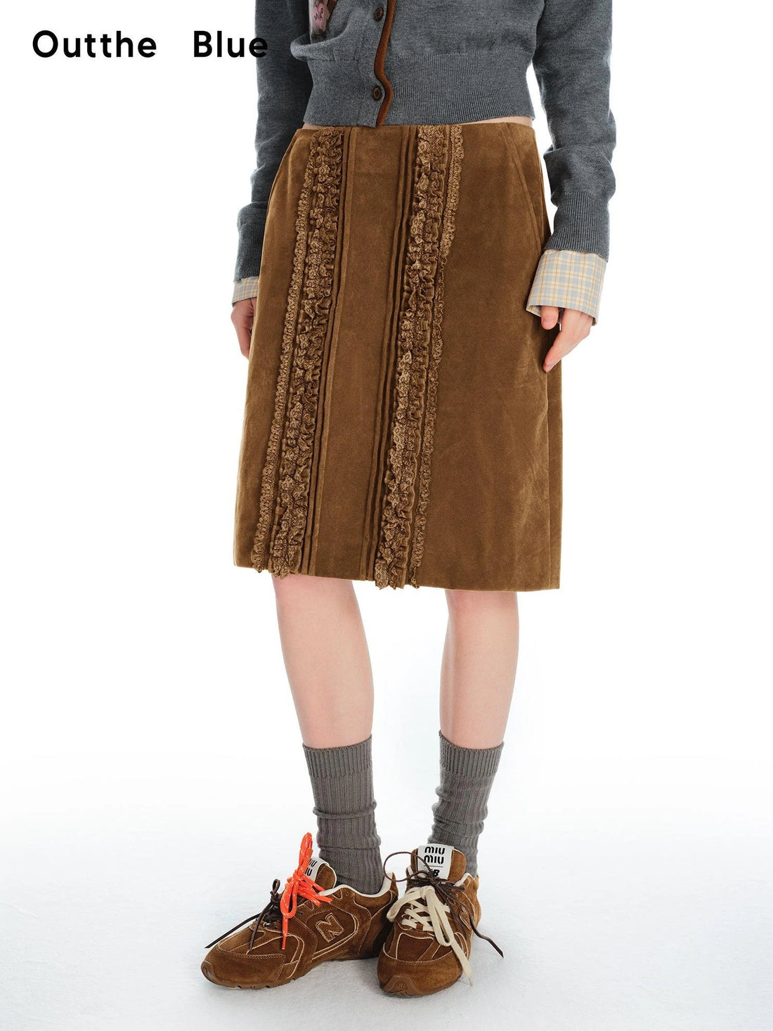 OuttheBlue Vintage Crochet Embroidered Washed Suede Midi Skirt
