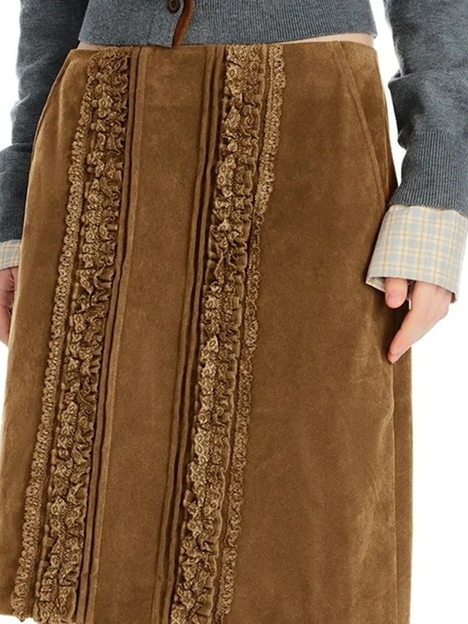 OuttheBlue Vintage Crochet Embroidered Washed Suede Midi Skirt