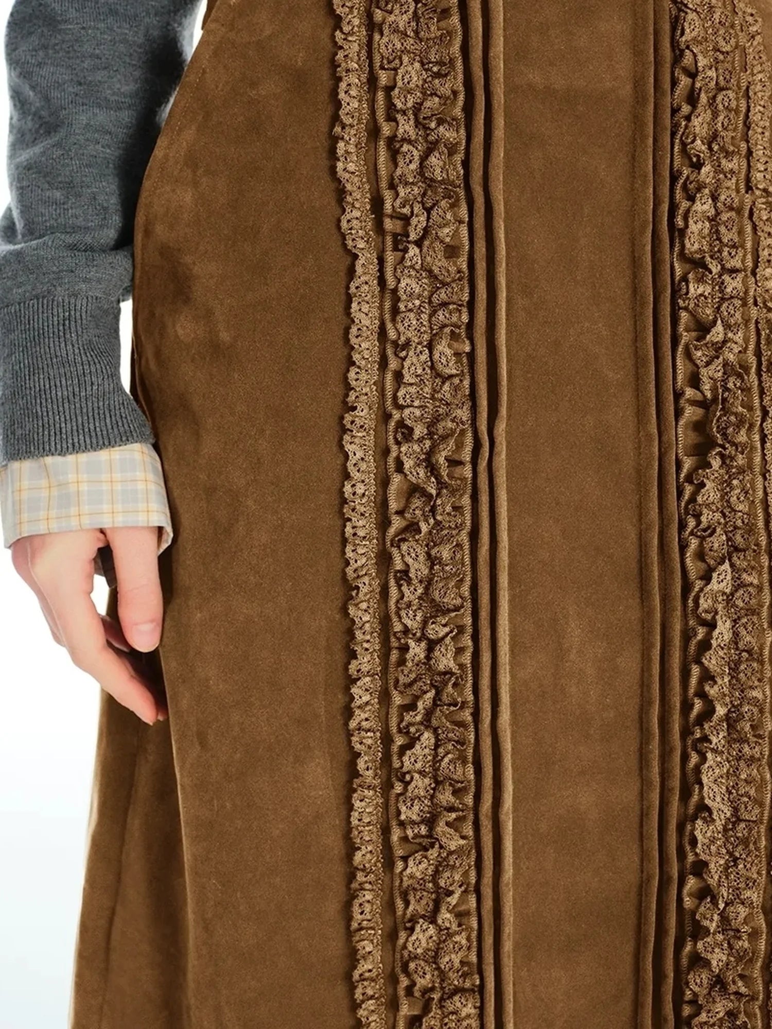 OuttheBlue Vintage Crochet Embroidered Washed Suede Midi Skirt