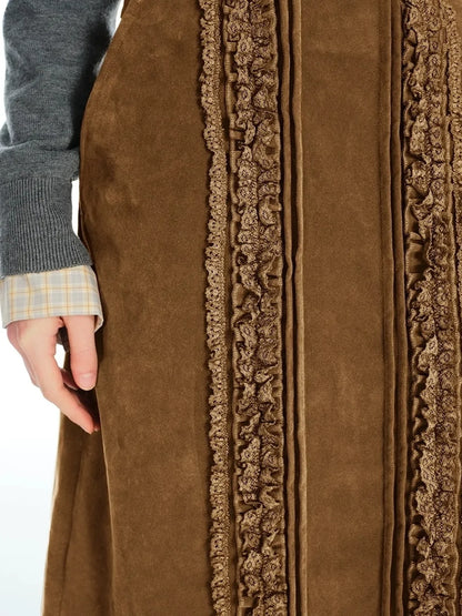 OuttheBlue Vintage Crochet Embroidered Washed Suede Midi Skirt