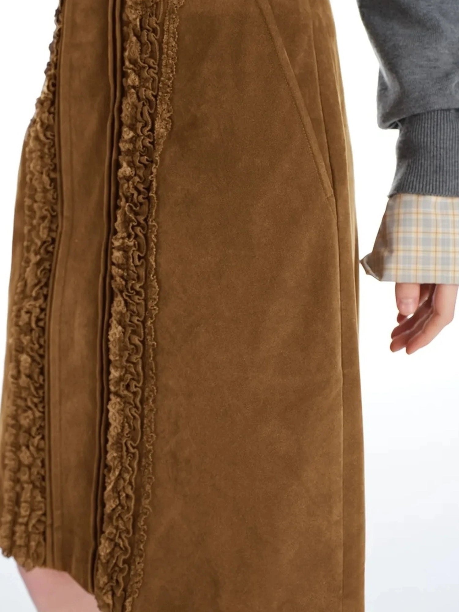 OuttheBlue Vintage Crochet Embroidered Washed Suede Midi Skirt