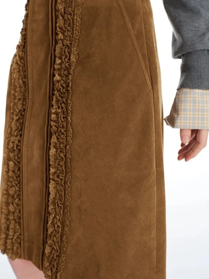 OuttheBlue Vintage Crochet Embroidered Washed Suede Midi Skirt