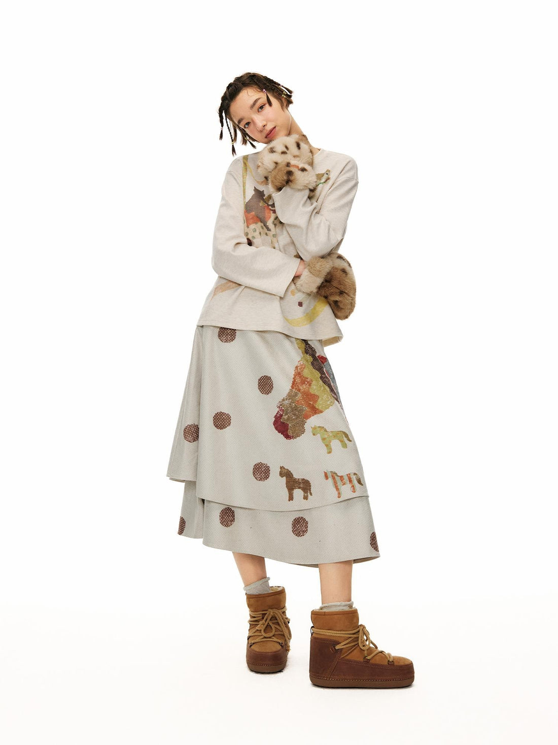 OuttheBlue Vintage Double Layer High Waist A Line Loose Women Casual Printed Midi Skirt