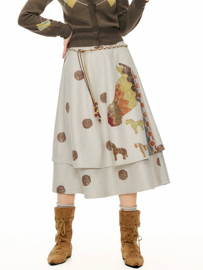 OuttheBlue Vintage Double Layer High Waist A Line Loose Women Casual Printed Midi Skirt