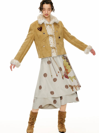 OuttheBlue Vintage Double Layer High Waist A Line Loose Women Casual Printed Midi Skirt