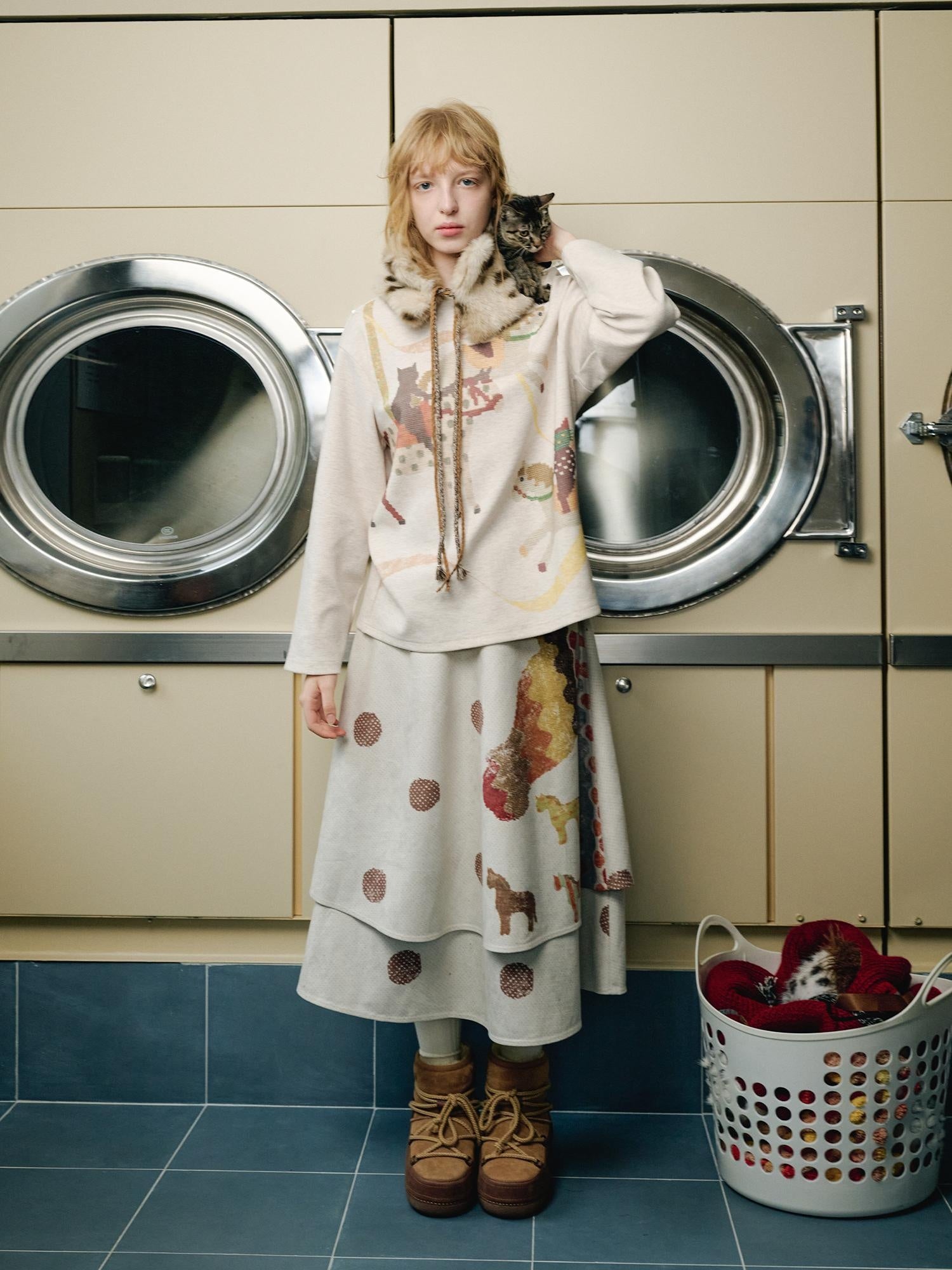 OuttheBlue Vintage Double Layer High Waist A Line Loose Women Casual Printed Midi Skirt