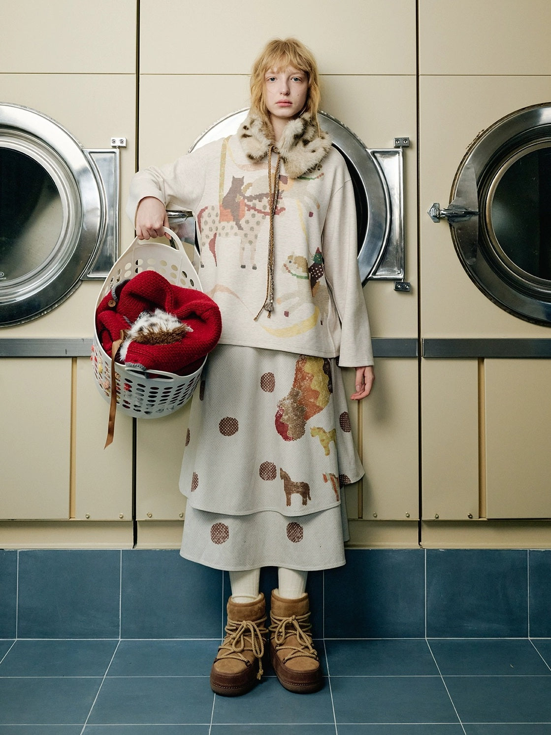 OuttheBlue Vintage Double Layer High Waist A Line Loose Women Casual Printed Midi Skirt