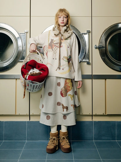 OuttheBlue Vintage Double Layer High Waist A Line Loose Women Casual Printed Midi Skirt