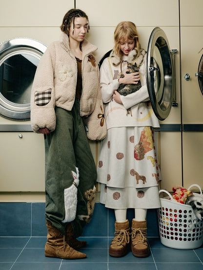 OuttheBlue Vintage Double Layer High Waist A Line Loose Women Casual Printed Midi Skirt