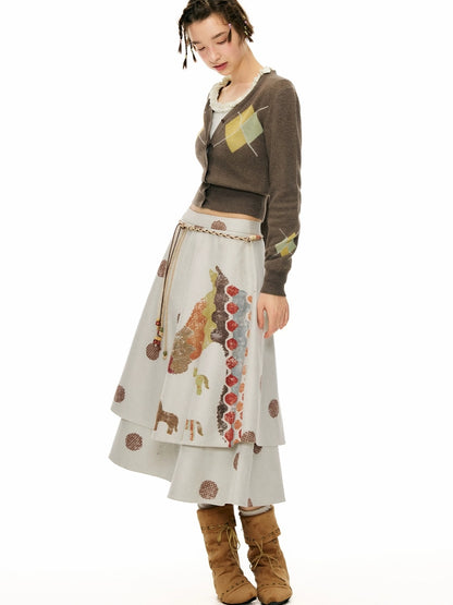 OuttheBlue Vintage Double Layer High Waist A Line Loose Women Casual Printed Midi Skirt