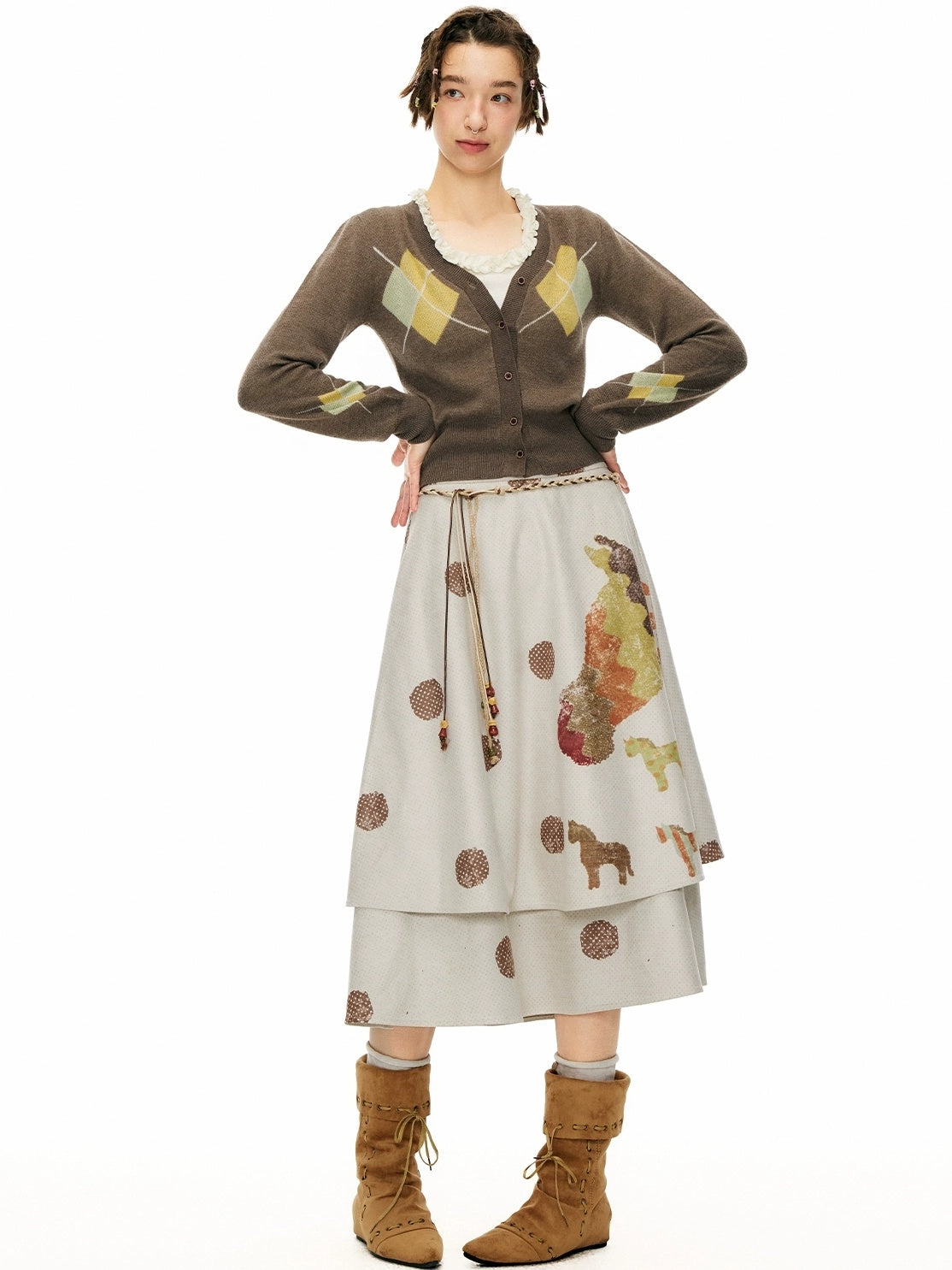 OuttheBlue Vintage Double Layer High Waist A Line Loose Women Casual Printed Midi Skirt