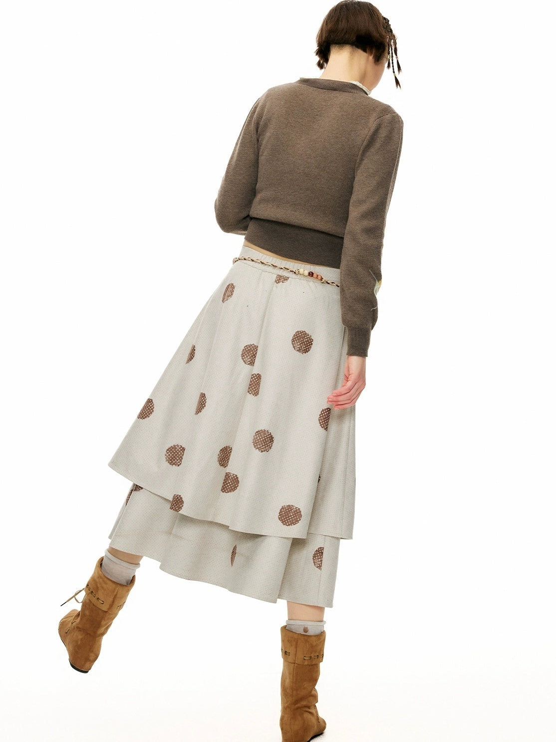 OuttheBlue Vintage Double Layer High Waist A Line Loose Women Casual Printed Midi Skirt