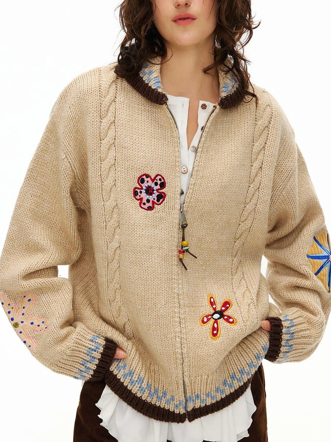 OuttheBlue Vintage Embroidered Floral Zip Cardigan