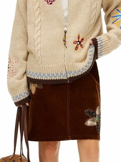 OuttheBlue Vintage Embroidered Floral Zip Cardigan